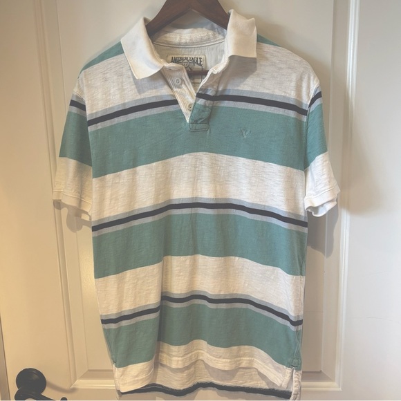 American Eagle 77 Green Blue White Striped Polo Shirt Sz M Preppy Y2K - Picture 1 of 5